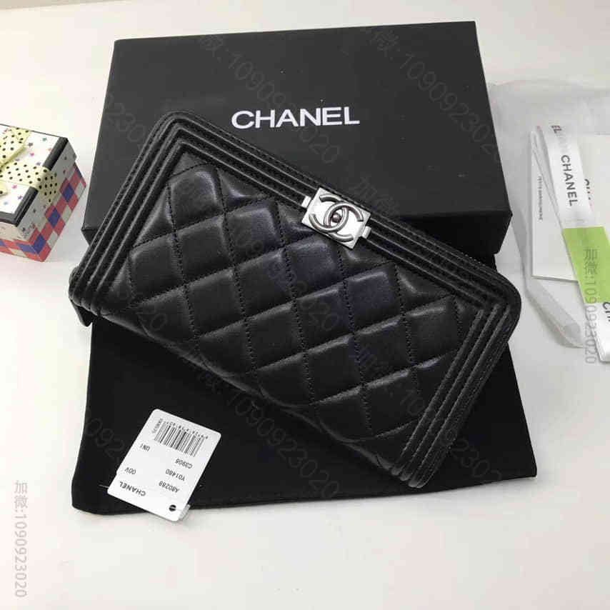 香奈儿/CHANEL 银色扣 黑色菱格羊皮皮革 长款拉链钱包 A80288