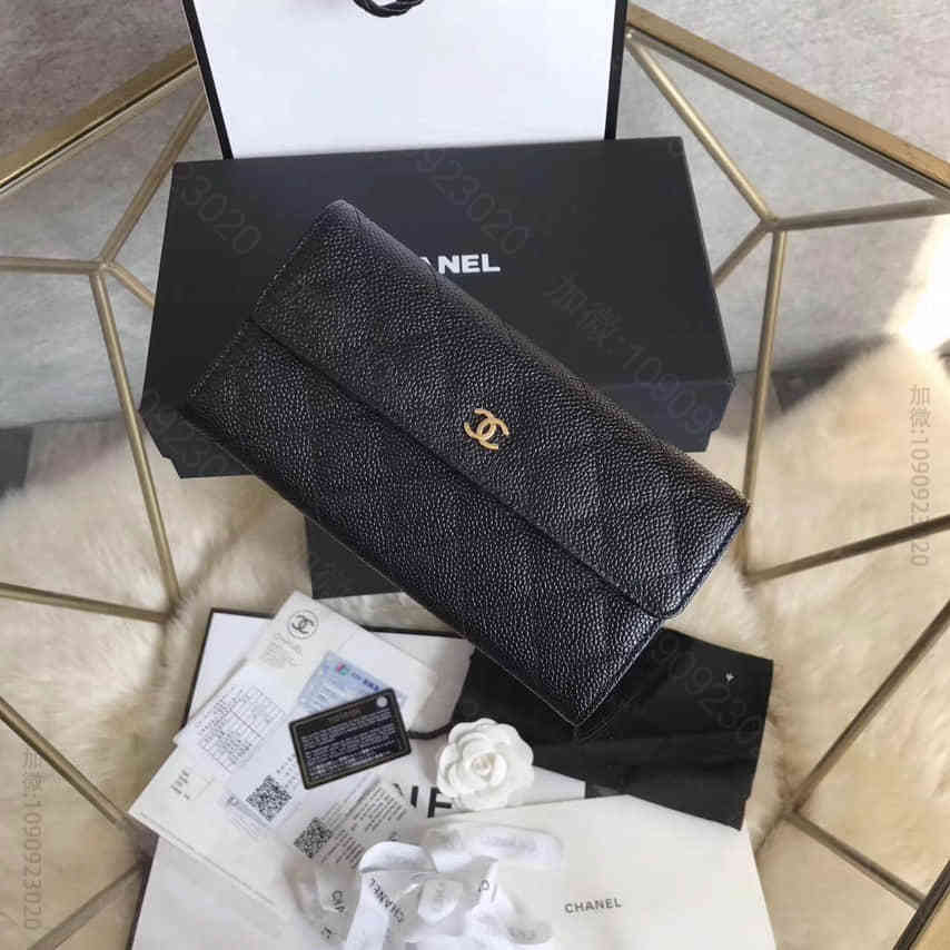 香奈儿/CHANEL Wallet系列 亮金扣 黑色鱼子酱小牛皮 长款按扣钱...