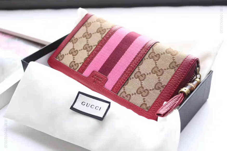 Gucci古驰 GG SOHO Vintage拼色条纹织带流苏帆布钱包 353651大红
