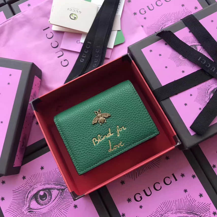 古驰女士卡包 Gucci Animalier蜜蜂五金 烫金字母卡包短夹 460185绿色 