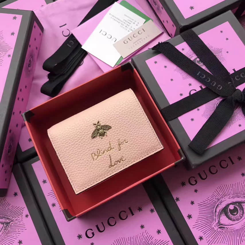 古驰女士卡包 Gucci Animalier蜜蜂五金 烫金字母卡包短夹 460185裸粉 