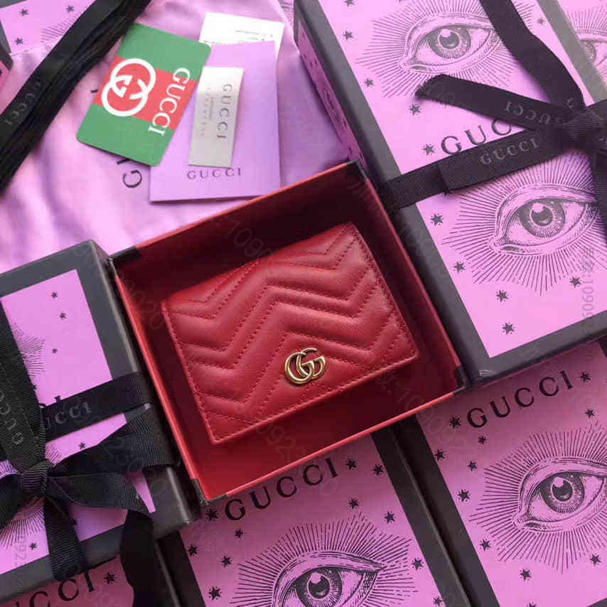 Gucci古驰 GG Marmont人形纹波浪纹牛皮卡包 443125红色