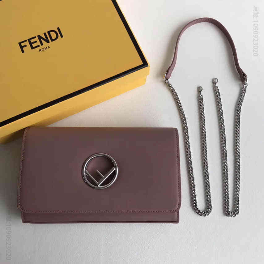 (芬迪)FENDI 004 F LOGO 翻盖迷你链条包 暗粉