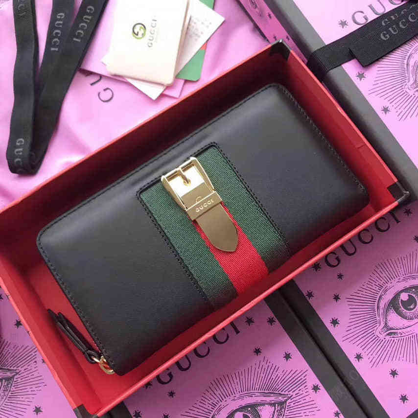 Gucci古驰 Sylvie 金属装饰红绿织带拉链钱包 476083黑色