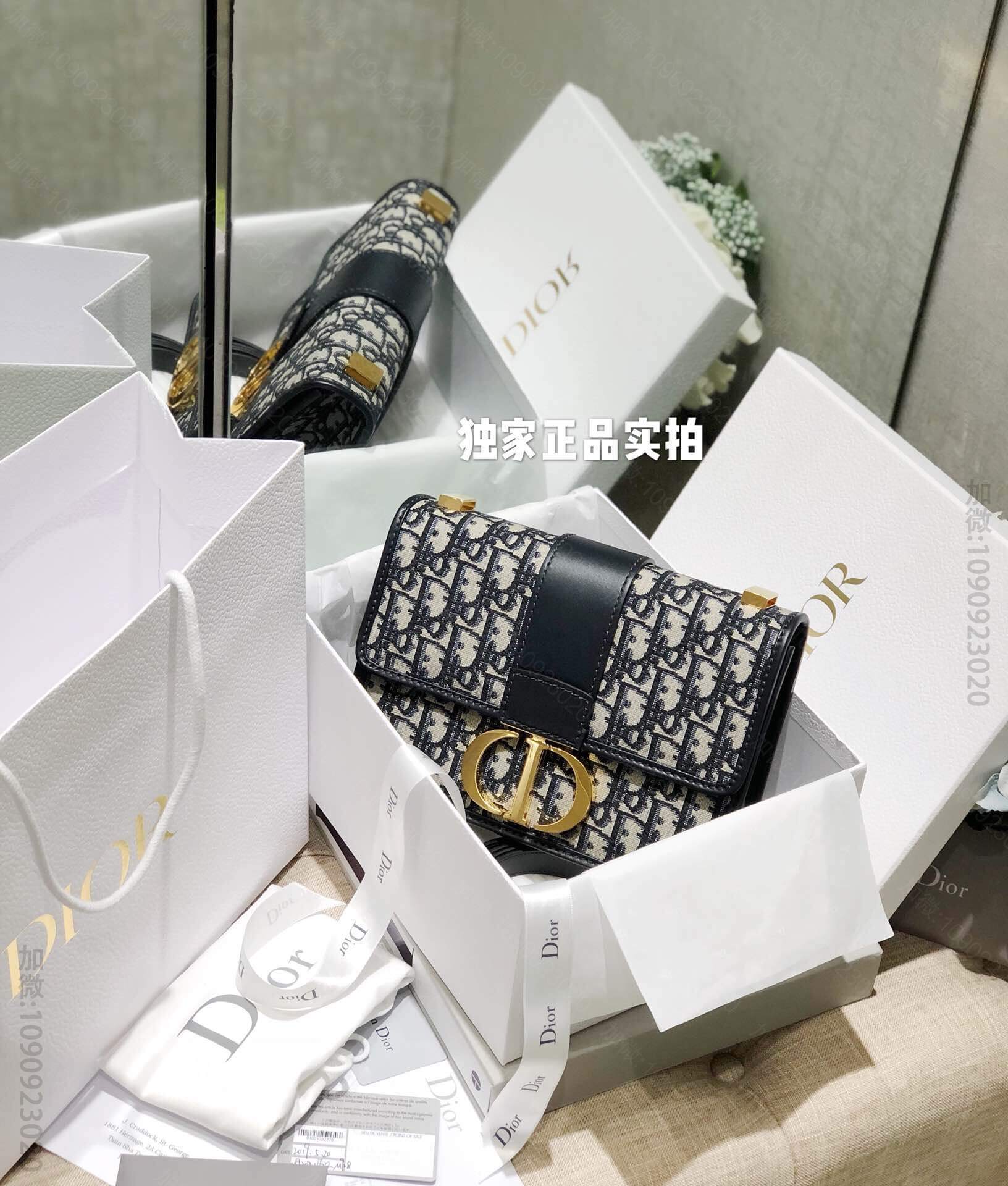 迪奥 Dior 30 Montaigne Oblique蓝色提花帆布翻盖式手...