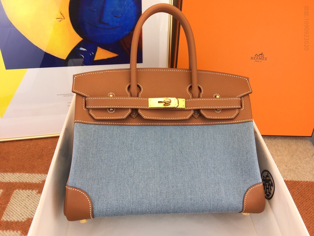 Hermes/爱马仕 birkin 30 swift金棕 拼牛仔‮布帆‬包 金扣 蜜‮线蜡‬手缝