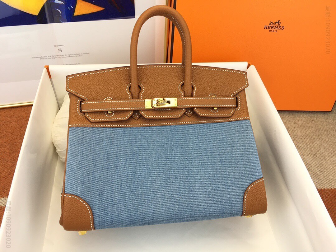Hermes/爱马仕 birkin 25 togo拼牛仔帆布包 金扣 蜜蜡线手缝