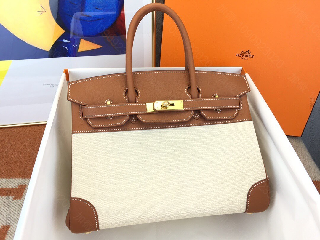 Hermes/爱马仕 birkin 30 swift拼帆布包 金扣 蜜蜡线手...