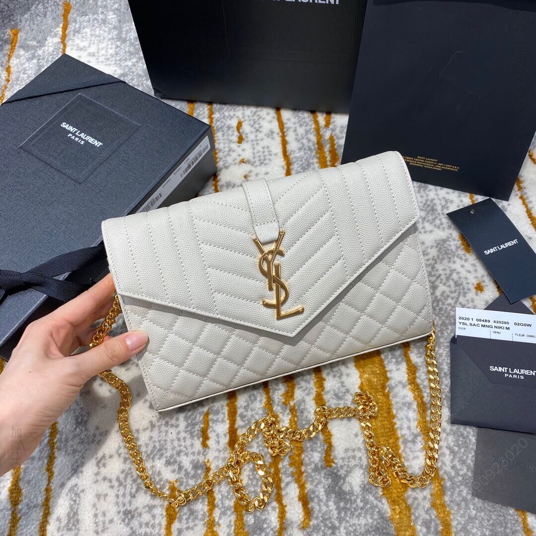 YSL/圣罗兰 MONOGRAM MIX MATELASSÉ粒面皮革链条包 620280白色