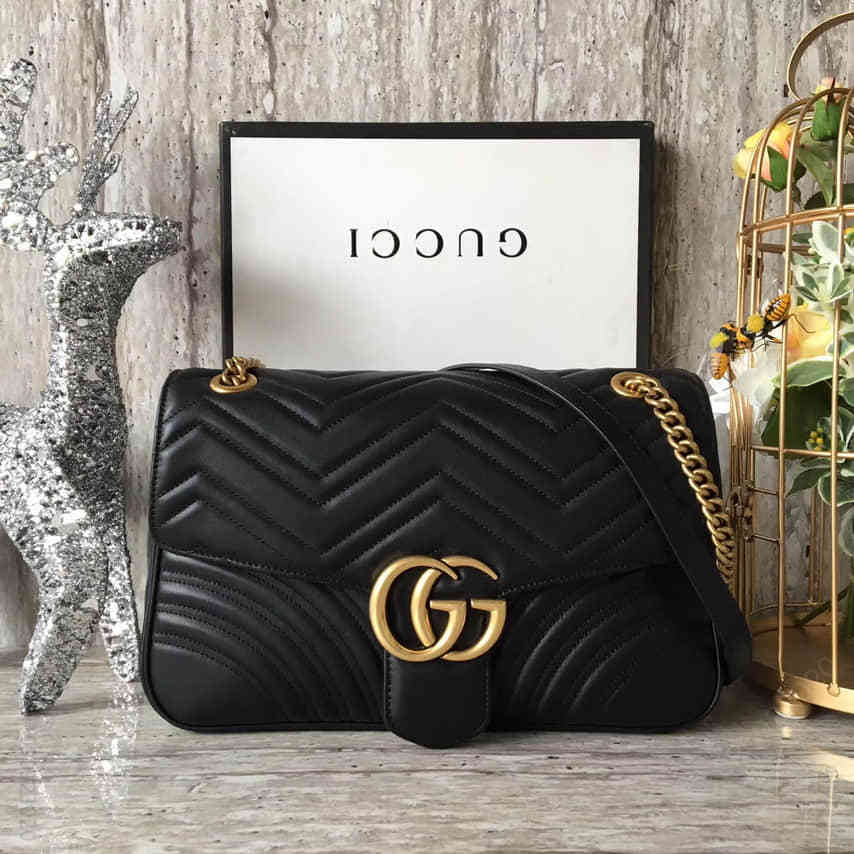 古驰斜跨女包 Gucci古驰 GG Marmont 波浪纹绗缝皮革翻盖封口双G标志链带斜挎包 443496黑色 古驰斜跨女包 