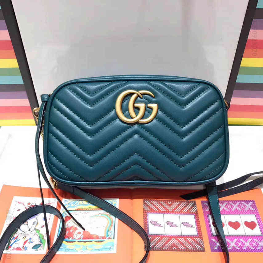 Gucci古驰 GG Marmont 波浪纹牛皮相机包 447632墨绿色