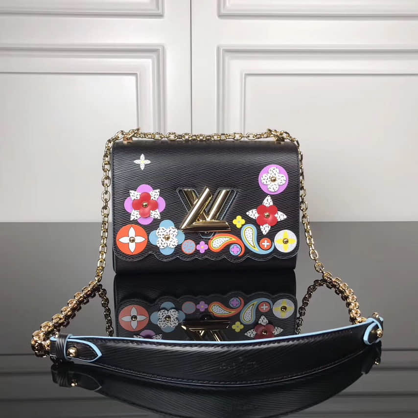 路易威登 LV M54857 色彩贴饰花卉图案 黑色水波纹Twist中号手袋