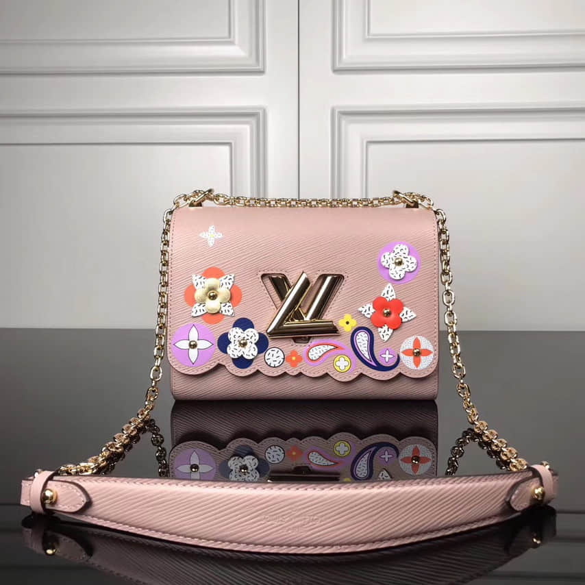路易威登 LV M54858 色彩贴饰花卉图案 粉色水波纹Twist中号手袋