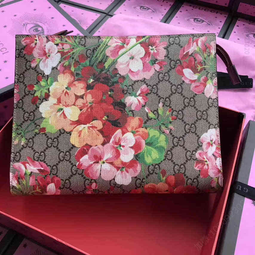 Gucci古驰帆布拼皮粉色天竺葵花卉手拿包 430268