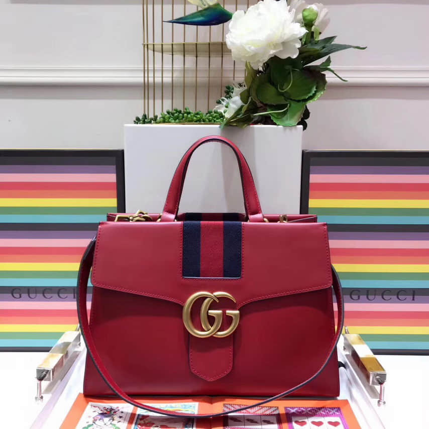 奢侈品牌古驰手提包 Gucci GG Marmont 老虎头金属装饰彩条织带复古包 476470大红 