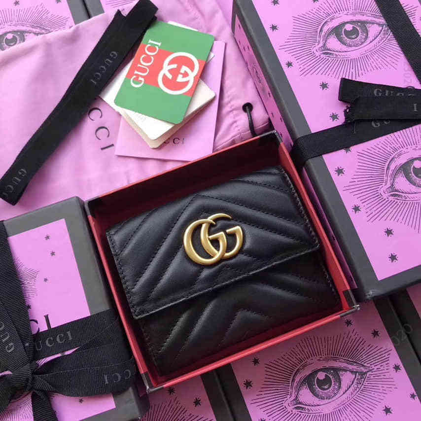 Gucci古驰 GG Marmont 波浪纹全皮三折短款钱包 474802