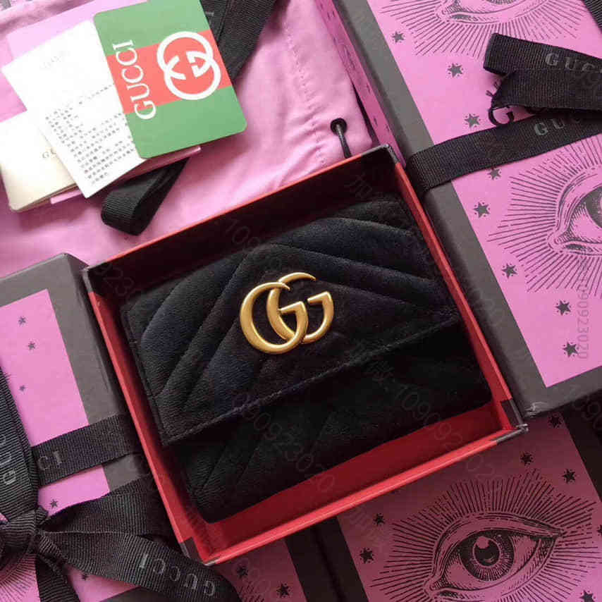 Gucci古驰 GG Marmont 波浪纹丝绒天鹅绒三折短款钱包 4748...