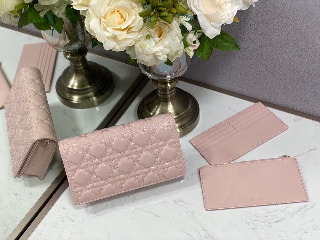 迪奥 Lady Dior 漆皮 经典三合一链条包 粉色