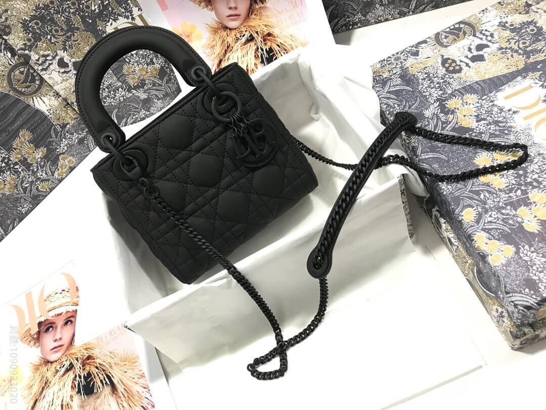 迪奥女士手提包 Dior/迪奥 Lady三格磨砂藤格纹牛皮革翻盖式戴妃包 黑色 