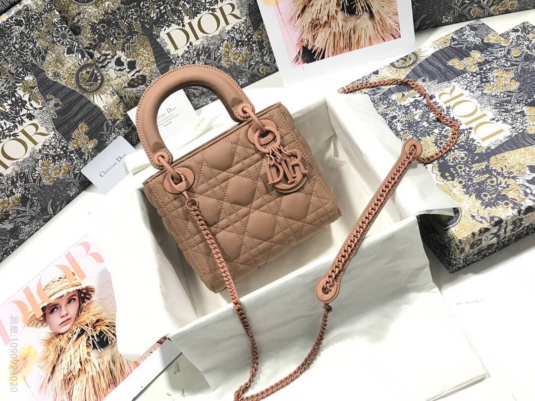 Dior/迪奥 Lady三格磨砂藤格纹牛皮革翻盖式戴妃包 裸粉色