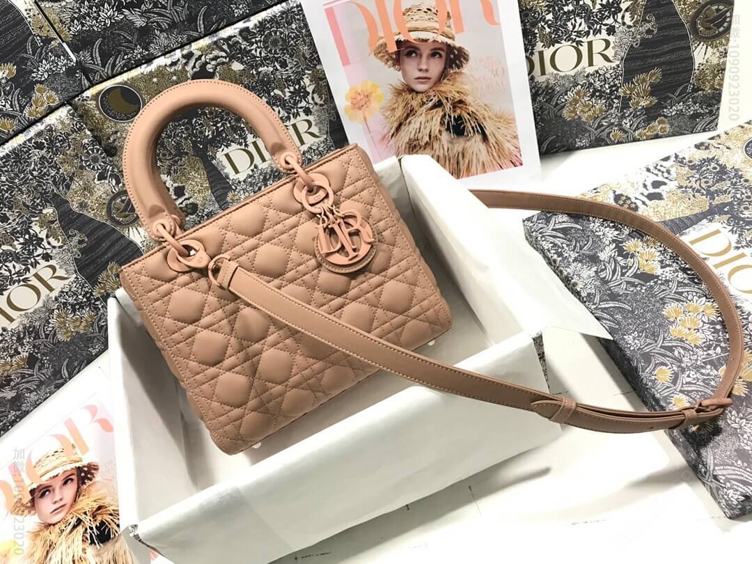 Dior/迪奥 Lady五格磨砂藤格纹牛皮革翻盖式戴妃包 裸粉色