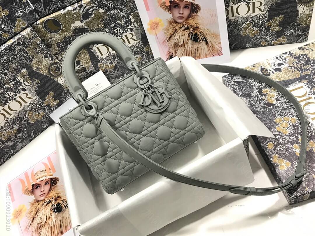 Dior/迪奥 Lady五格磨砂藤格纹牛皮革翻盖式戴妃包 灰色