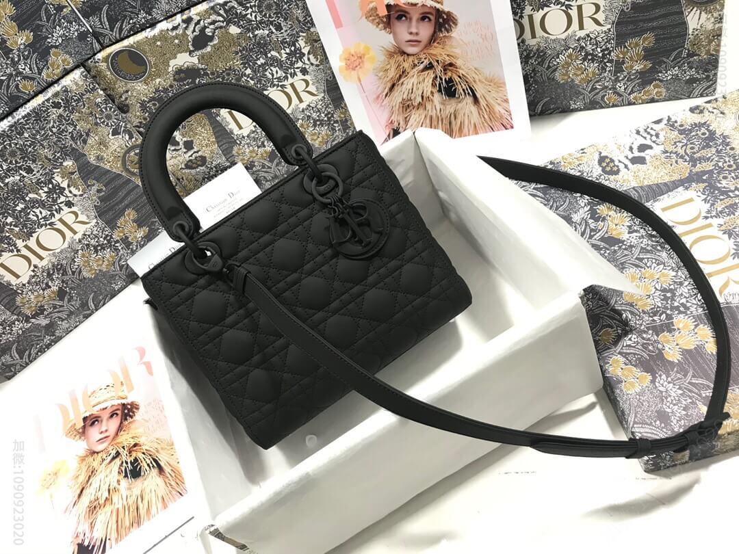 Dior/迪奥 Lady五格磨砂藤格纹牛皮革翻盖式戴妃包 黑色