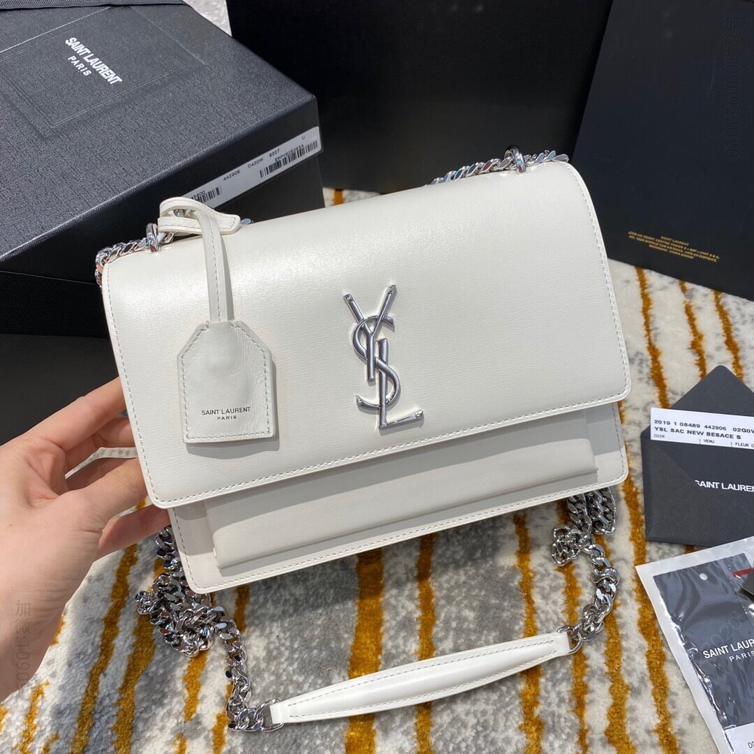 YSL/圣罗兰 经典款牙签纹sunset 22 日落包 442906白色银扣