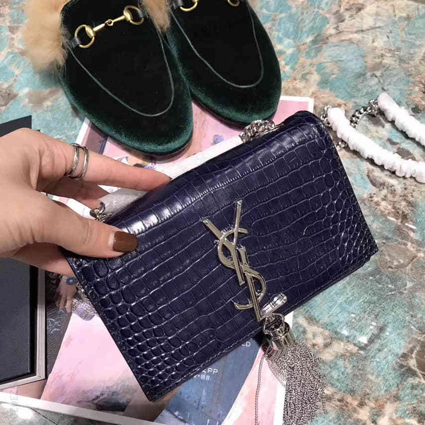 圣罗兰/ysl 17厘米鳄鱼纹链条包354120蓝色