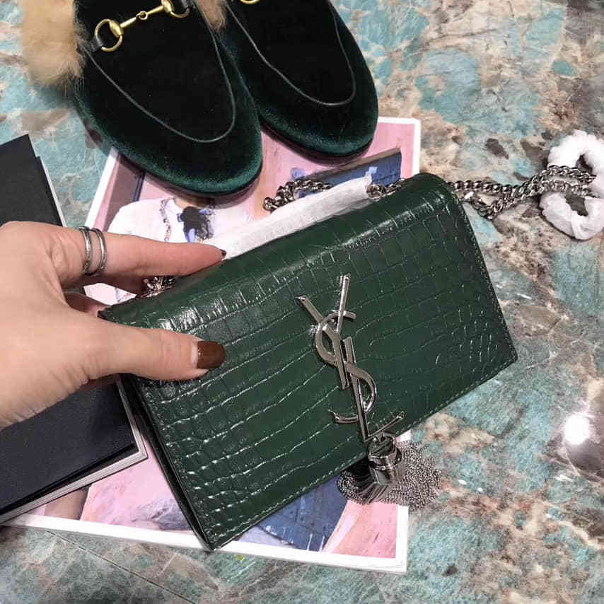 圣罗兰/ysl 17厘米鳄鱼纹链条包 354120绿色