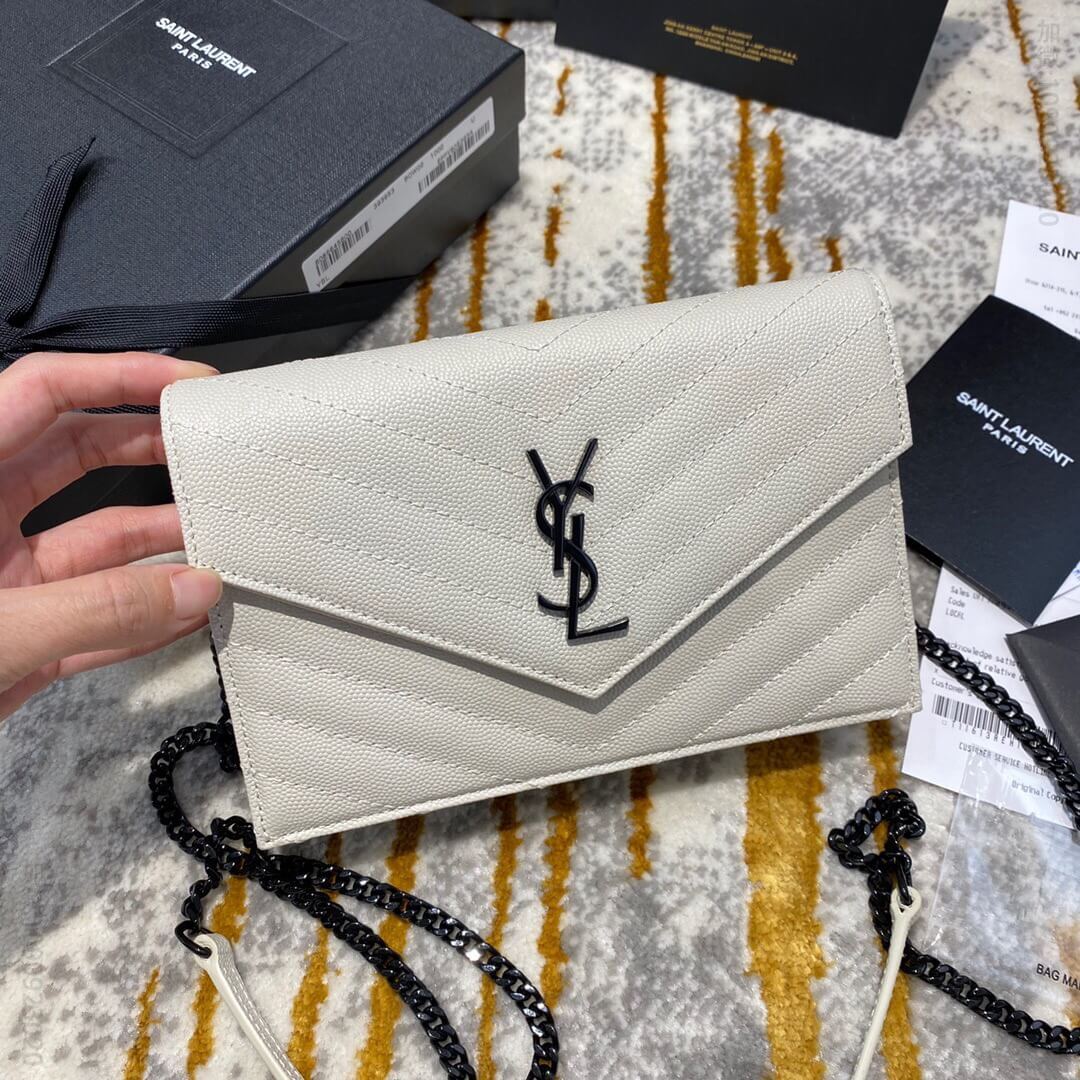 YSL圣罗兰 woc19CM小号链条信封包 393953白色鱼子酱黑扣