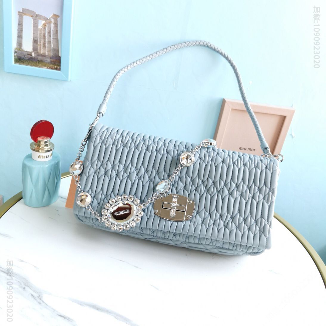 MIUMIU缪缪全新升级版水晶钻链Cloquet层叠珠光羊皮链条包5BD233
