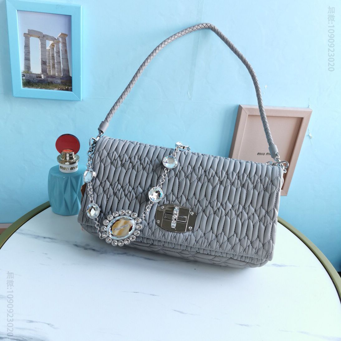 MIUMIU缪缪全新升级版水晶钻链Cloquet层叠珠光羊皮链条包5BD233