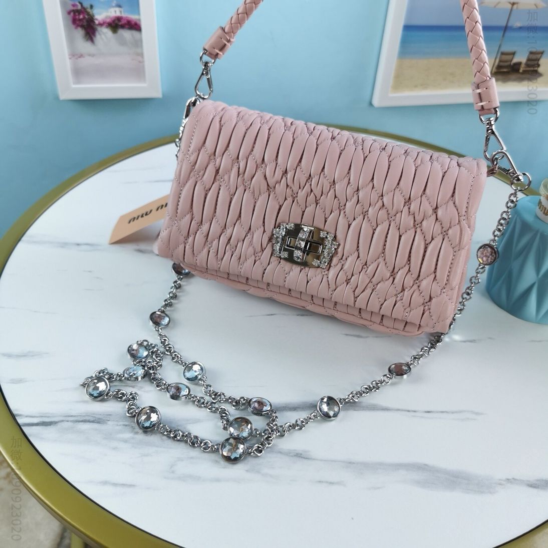 MIUMIU缪缪顶级进口小羊皮编织皮革手提仿水晶链条包5BH012