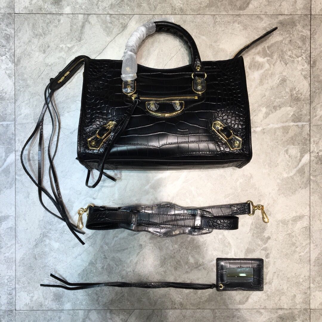 Balenciaga巴黎世家原版鳄鱼纹牛皮配金边机车包669