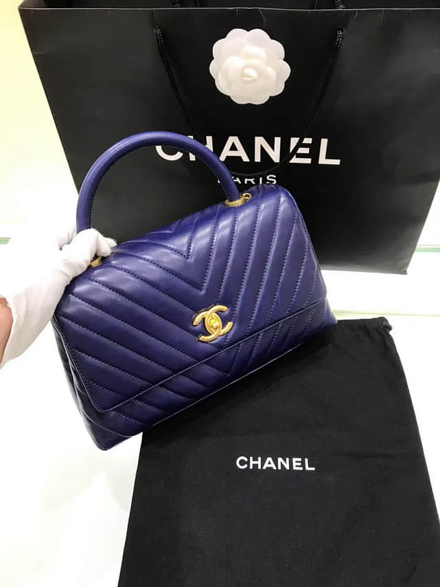 欧洲正品代购 Chanel 新款 coco handle 宝蓝色V字纹手提链条包包