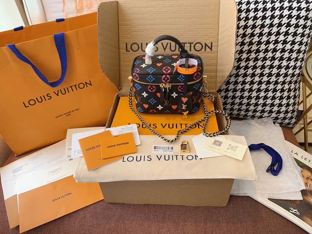 高仿LV女士手提包 LV女士手提包 Louis Vuitton LV M57482 Vanity 黑三彩扑克牌盒子化妆包 高仿lV手提包 M57482