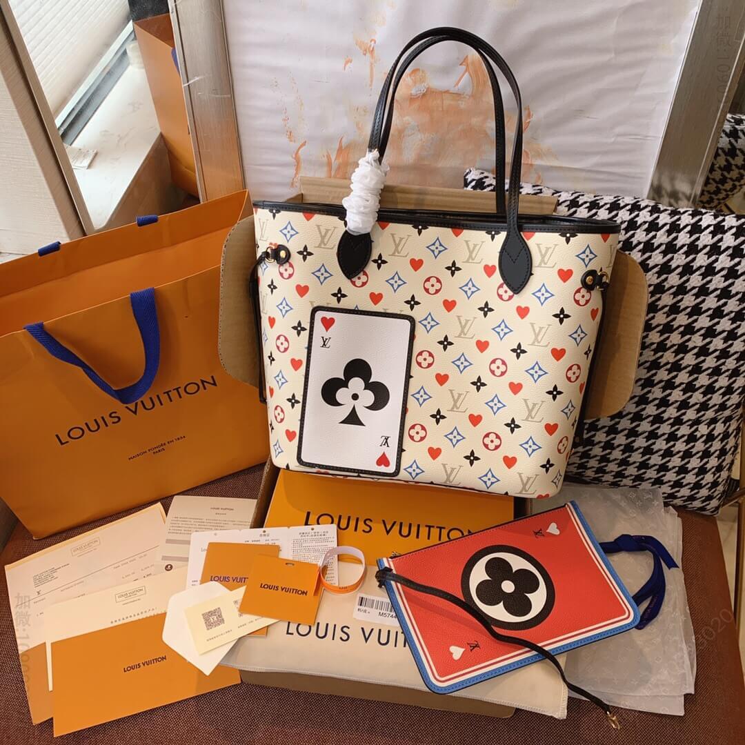 Louis Vuitton LV M57462 Neverfull 白三彩扑克牌购物袋