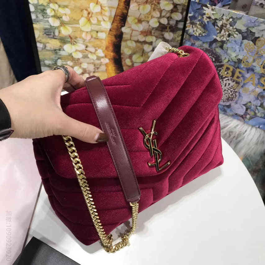 圣罗兰/ysl 小号LOULOU酒红色“Y”字形提花天鹅绒链条包 487218