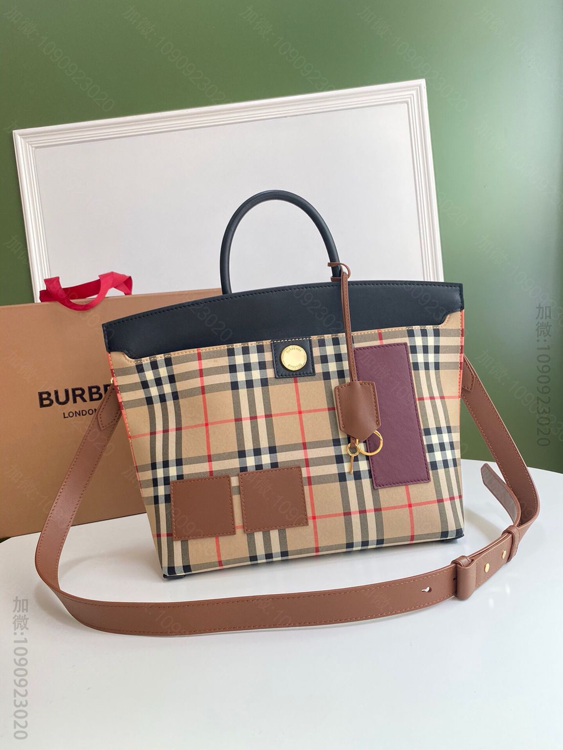 Burberry巴宝莉双色皮革典藏 Vintage 复古格纹Society ...