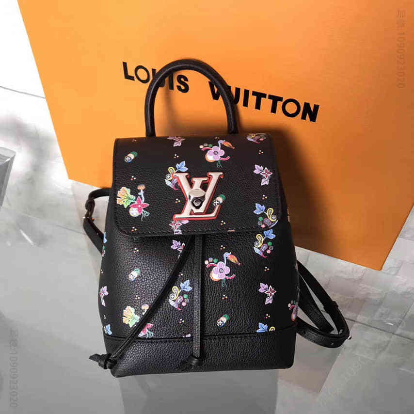 路易威登/LV 黑色粒纹小牛皮花卉图案Lockme双肩包 M54848