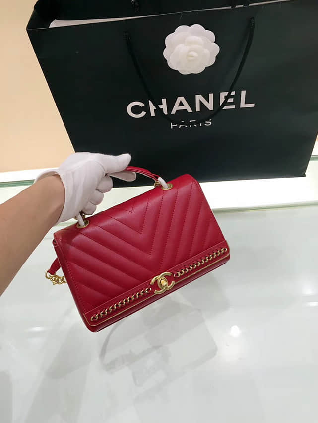 Chanel/香奈儿 专柜新款 车V格原厂红色小牛皮 手提单肩斜挎包