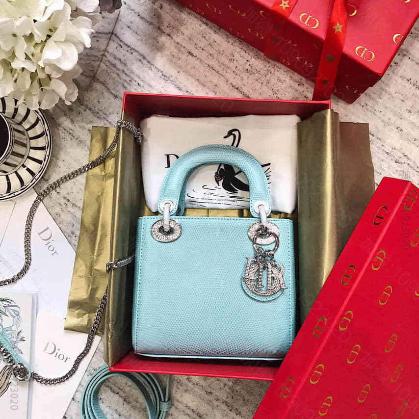 D62164_迪奥 christian dior lady 水晶钻扣 冰川蓝蜥蜴皮手提包 迪奥手提女包