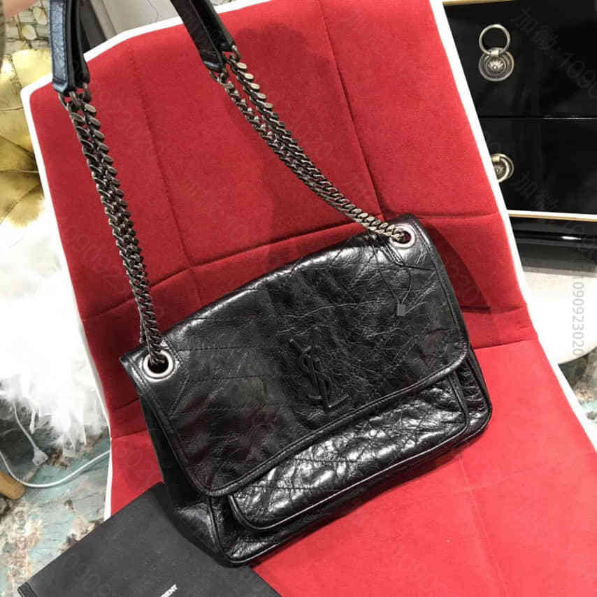 圣罗兰/ysl NIKI中号复古褶皱和绗缝黑色真皮链条包
