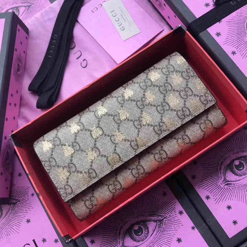 Gucci古驰/金色蜜蜂印花图案帆布长款皮夹 410100 9F26G 8319