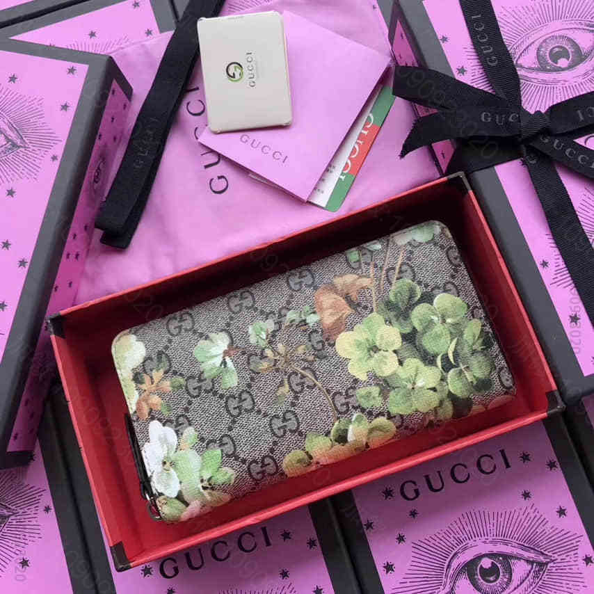 Gucci古驰 女士米棕色PU绿色印花长款拉链钱包钱夹 408665 KU2...