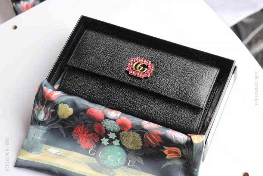 Gucci古驰/红色水晶双G装饰 黑色全皮钱夹 499779