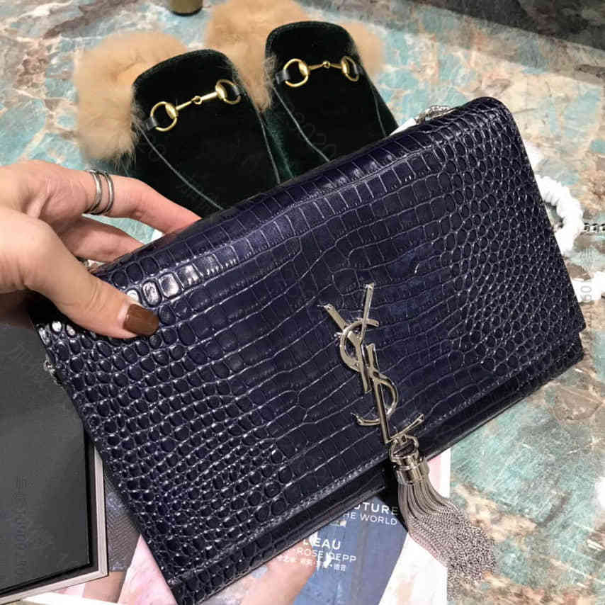 SLP/YSL/圣罗兰 蓝色鳄鱼皮压花中号KATE流苏挎包 354119