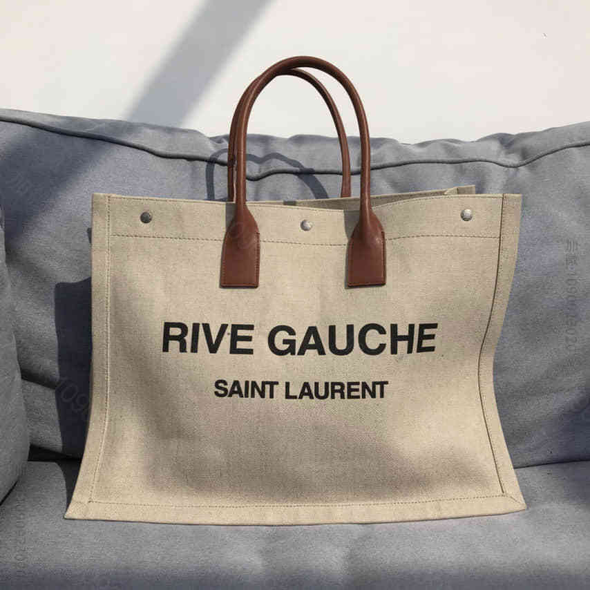 Saint Laurent RIVE GAUCHE米色亚麻和干邑色真皮手提袋...