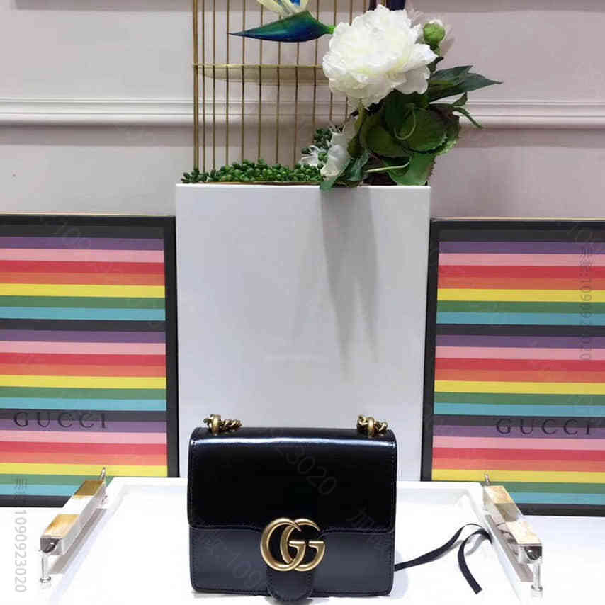 Gucci古驰 GG marmont BOX方胖子光皮链条包斜挎单肩包黑色4...